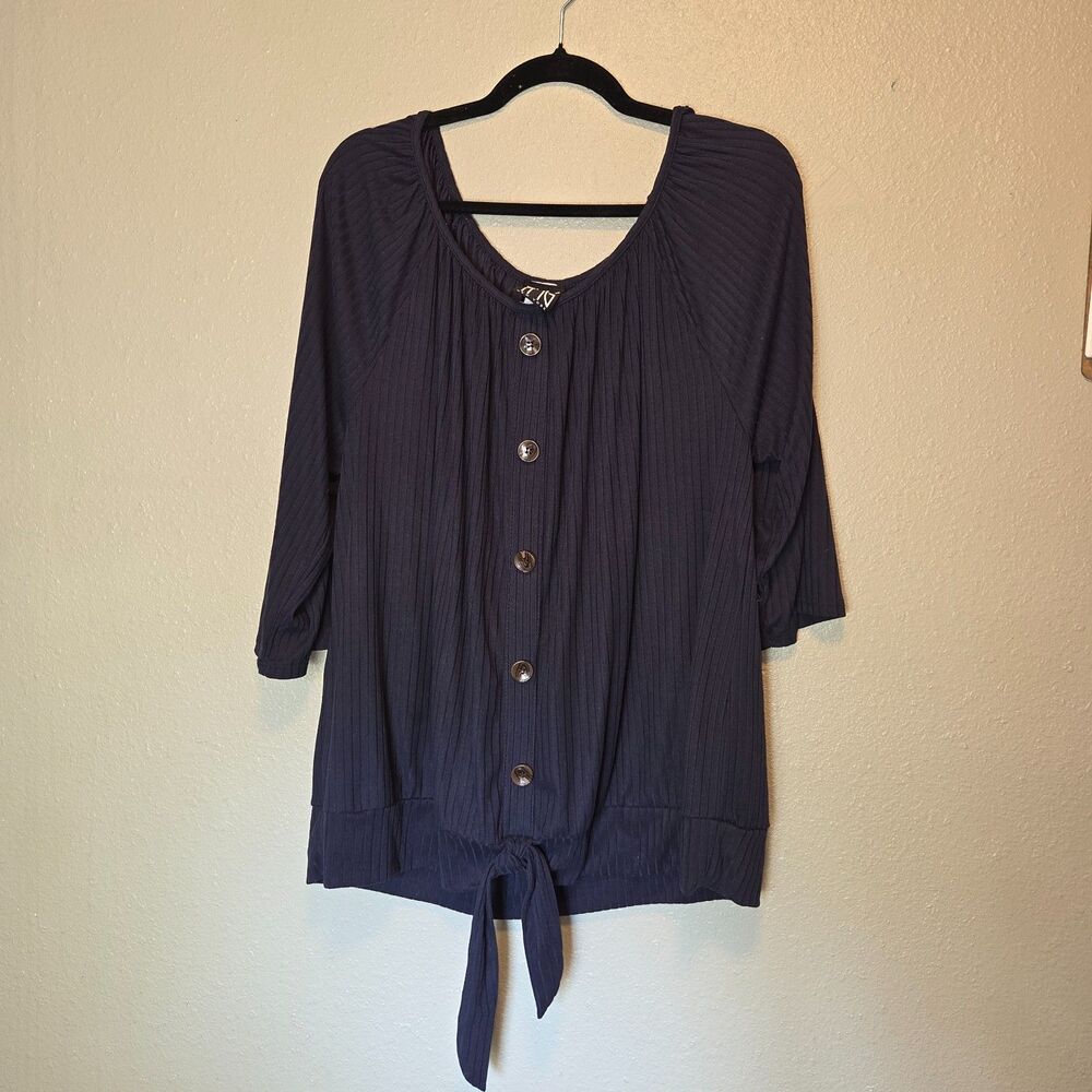 TMG New York Navy Blue Ribbed Button Front Tie Hem Top Plus Size 2X